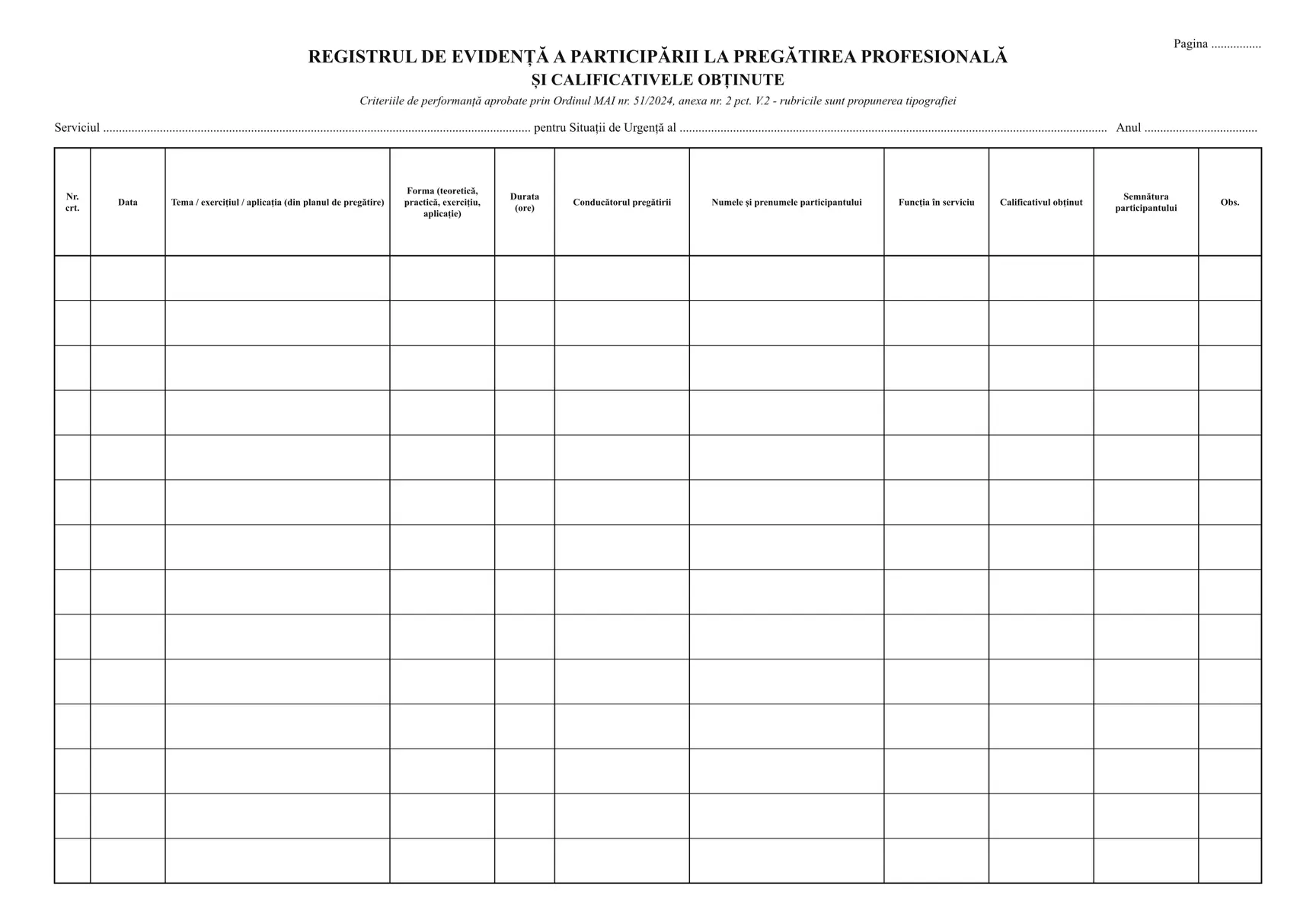 Registrul de evidență a participării la pregătirea profesională și calificativele obținute (SVSU, SPSU)