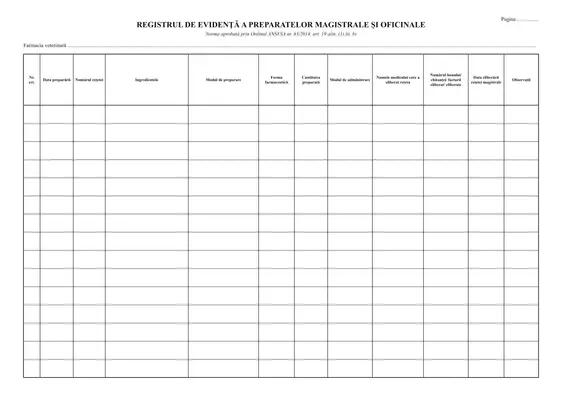 Registrul de evidență a preparatelor magistrale și oficinale (farmacie veterinară) - față