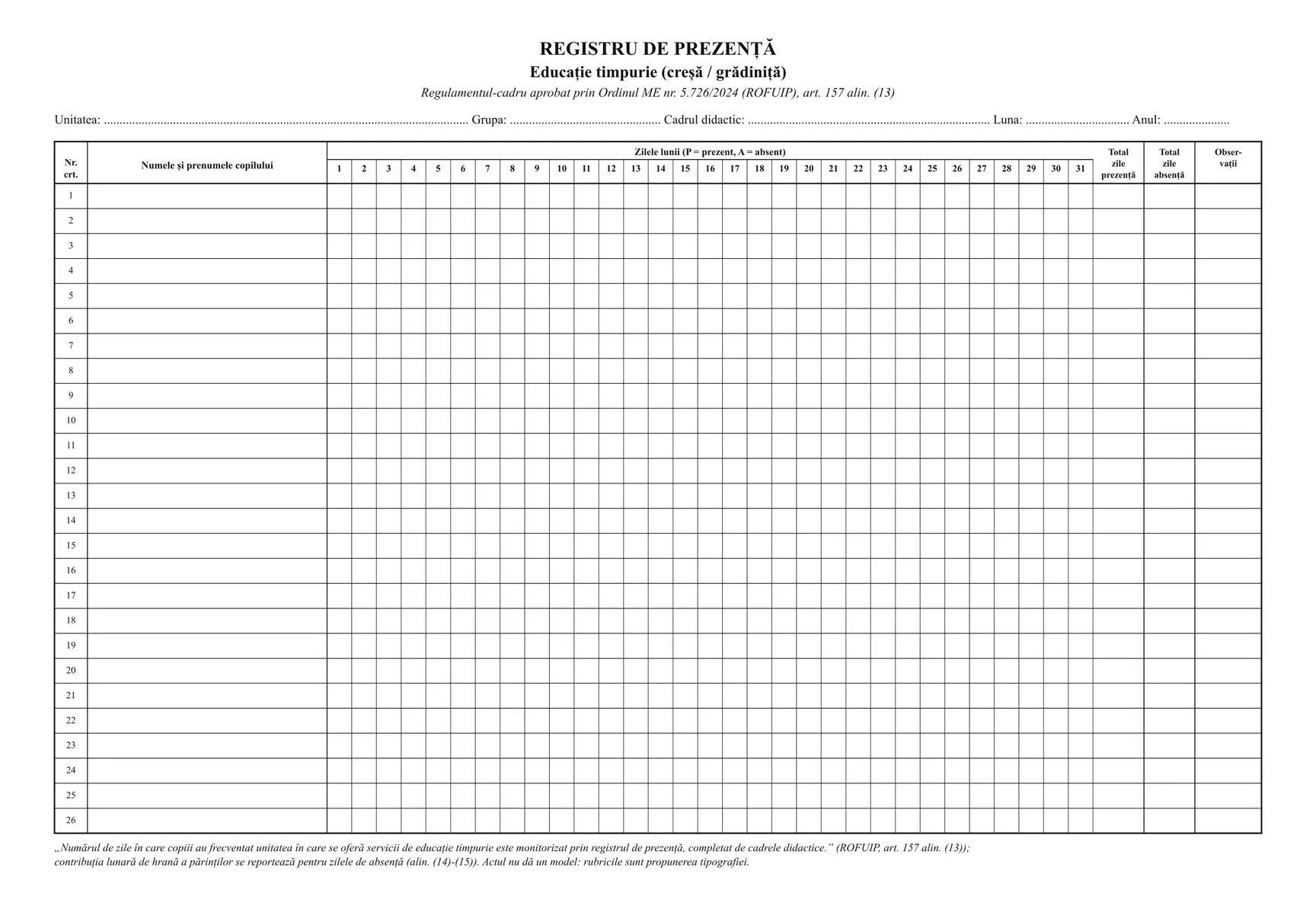Registru de prezență (educație timpurie)