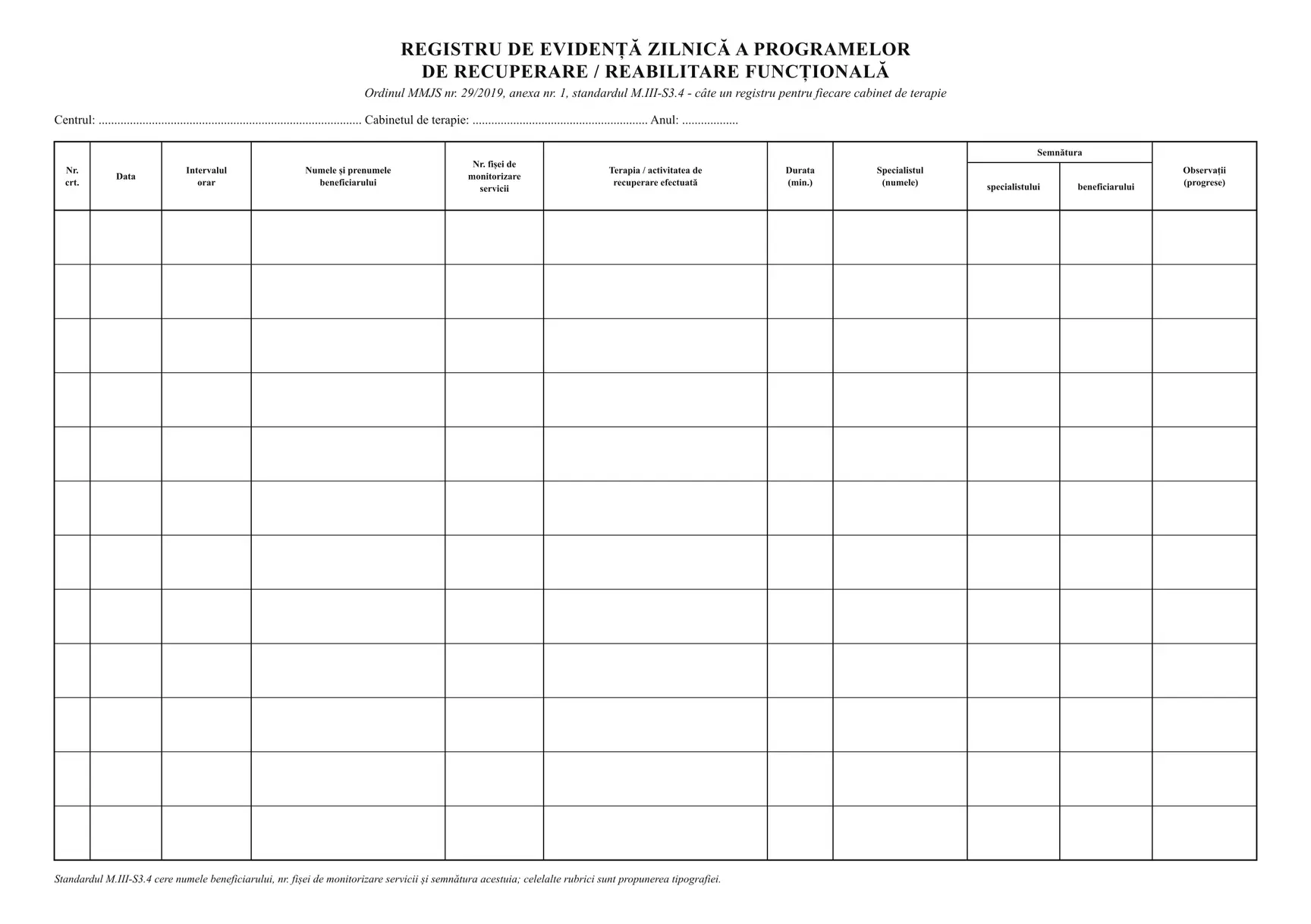 Registru de evidență zilnică a programelor de recuperare