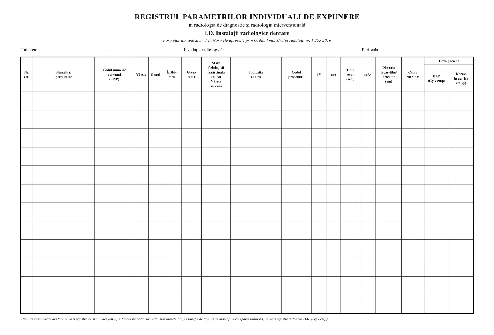 Registru de radiologie (parametri individuali de expunere)