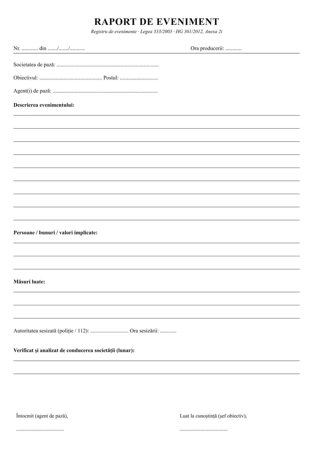Registru raport de eveniment