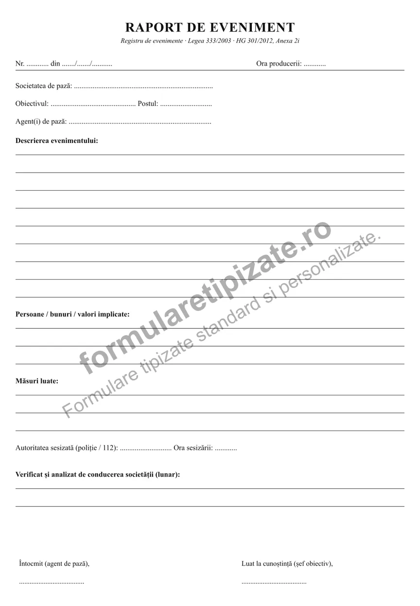 Registru raport de eveniment