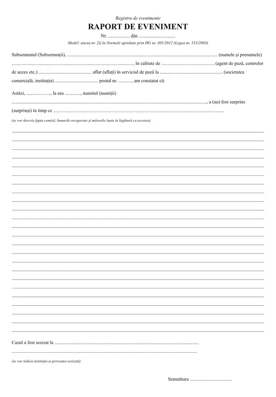 Registru raport de eveniment