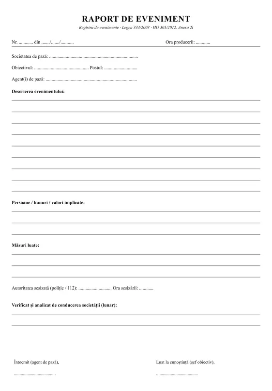 Registru raport de eveniment