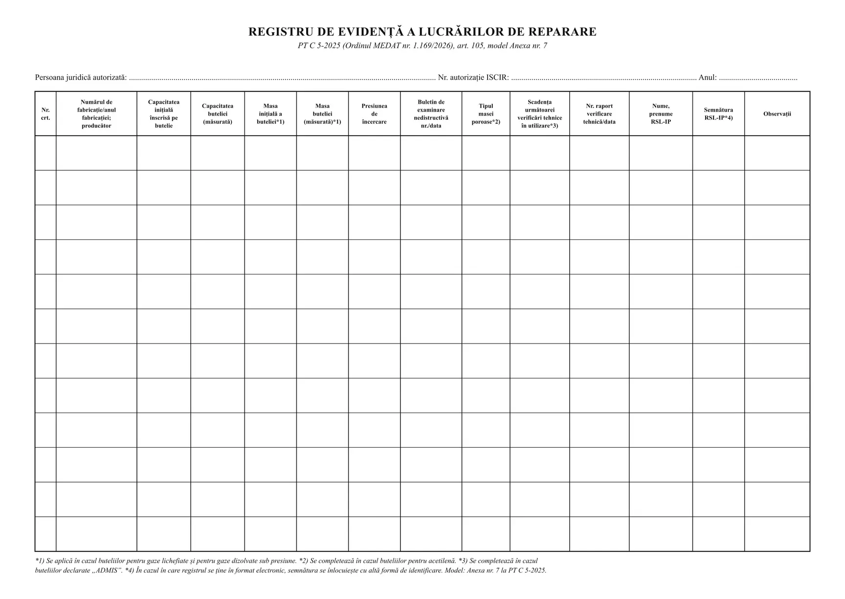 Registru de evidență a lucrărilor de reparare (butelii)