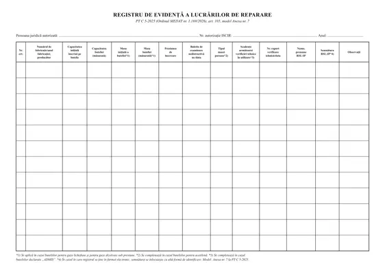 Registru de evidență a lucrărilor de reparare (butelii)
