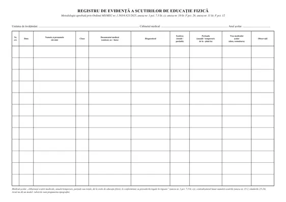 Registru de evidență a scutirilor medicale și a motivărilor
