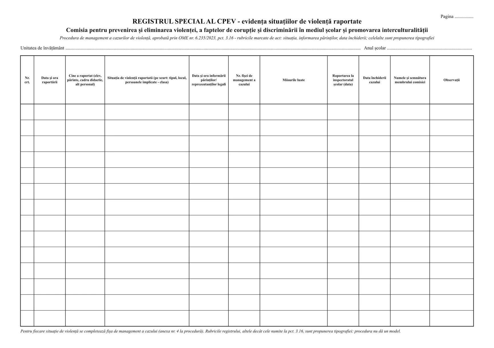 Registrul special al CPEV pentru evidența situațiilor de violență (unitatea de învățământ)