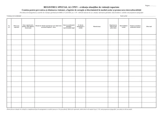 Registrul special al CPEV pentru evidența situațiilor de violență (unitatea de învățământ) - față