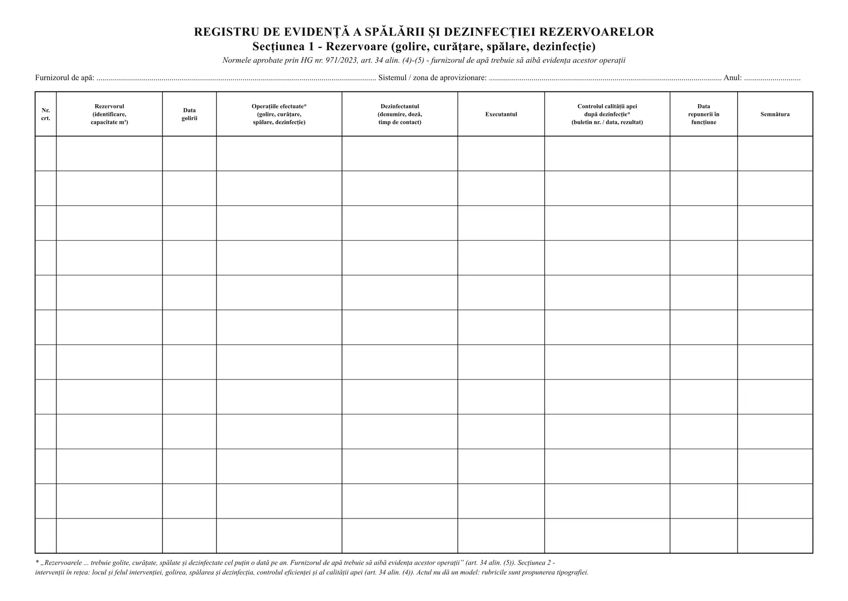 Registru de evidență a spălării și dezinfecției rezervoarelor de apă