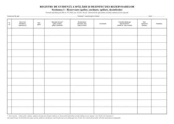 Registru de evidență a spălării și dezinfecției rezervoarelor de apă