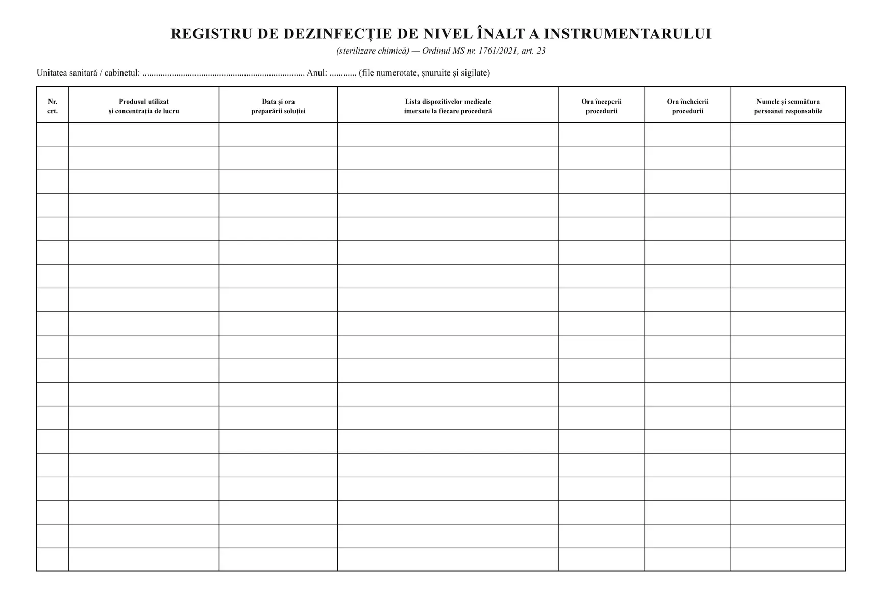 Registru de dezinfecție de nivel înalt (sterilizare chimică)