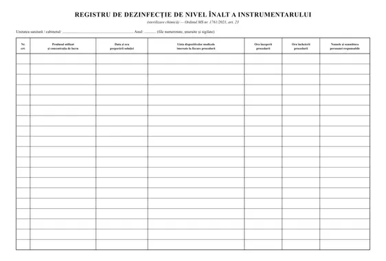Registru de dezinfecție de nivel înalt (sterilizare chimică)