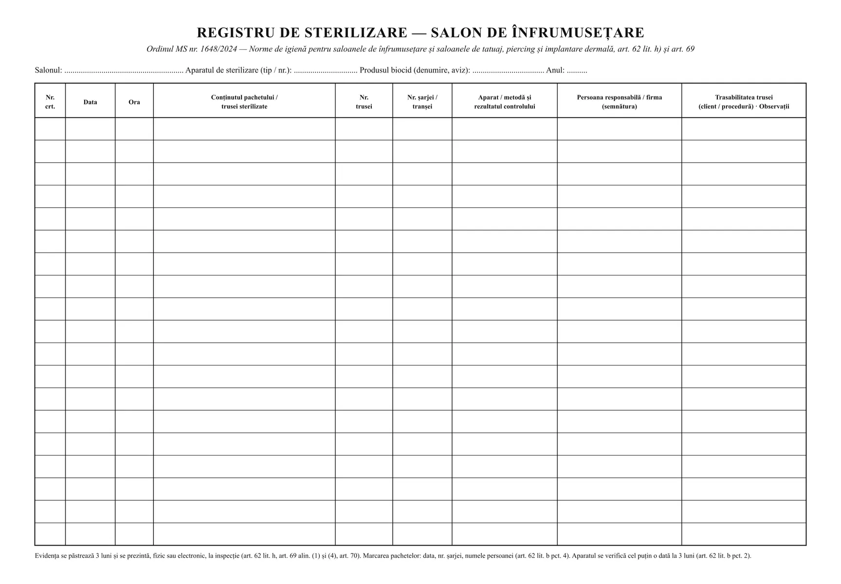 Registru de sterilizare pentru saloane de înfrumusețare