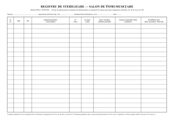Registru de sterilizare pentru saloane de înfrumusețare