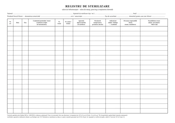 Registru de sterilizare pentru saloane de înfrumusețare