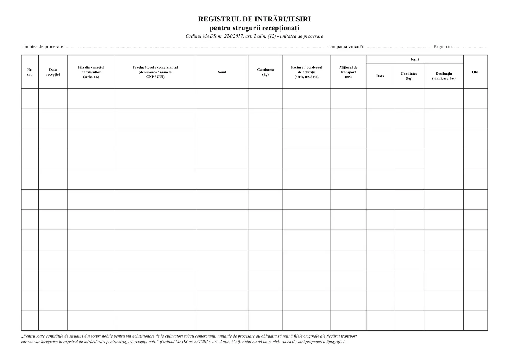 Registrul de intrări/ieșiri pentru strugurii recepționați