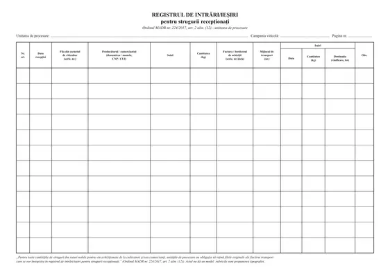 Registrul de intrări/ieșiri pentru strugurii recepționați