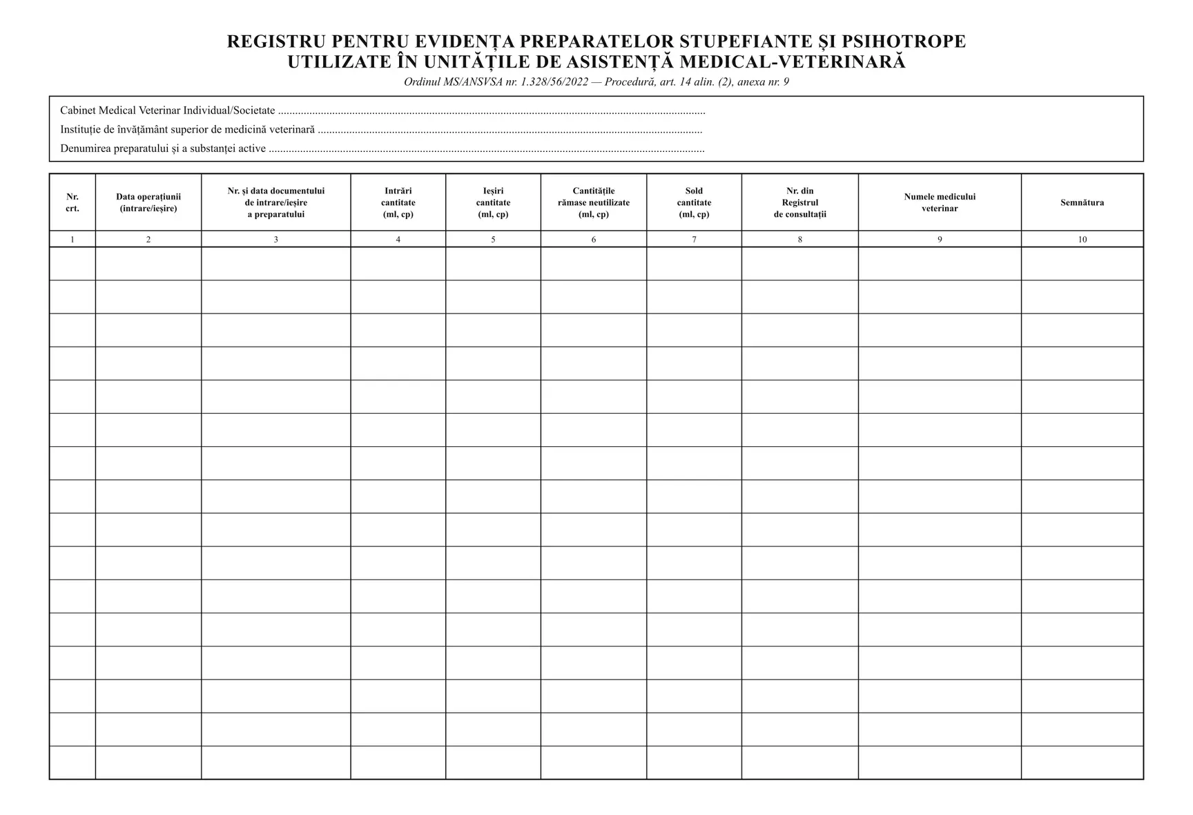 Registru de stupefiante și psihotrope (uz veterinar)