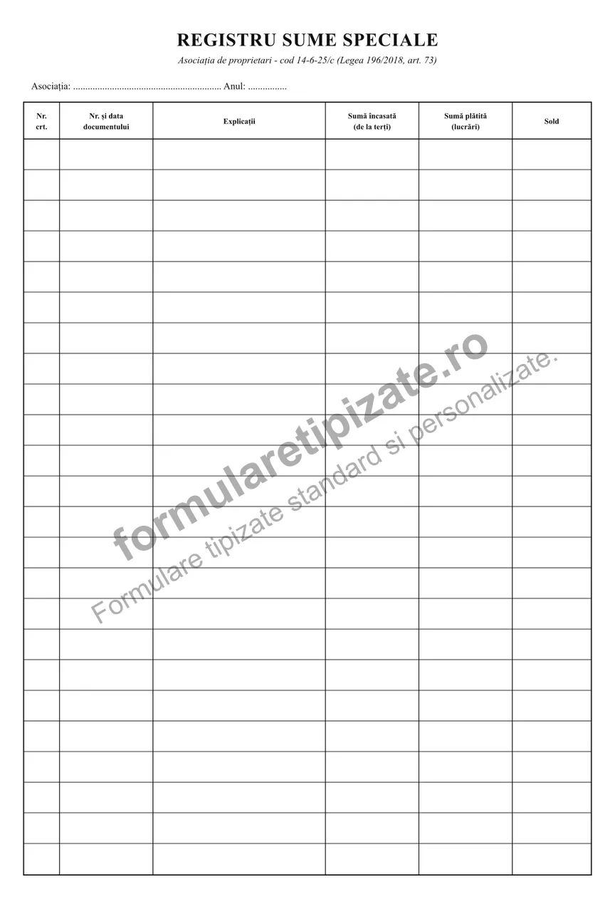Registru pentru evidența sumelor speciale
