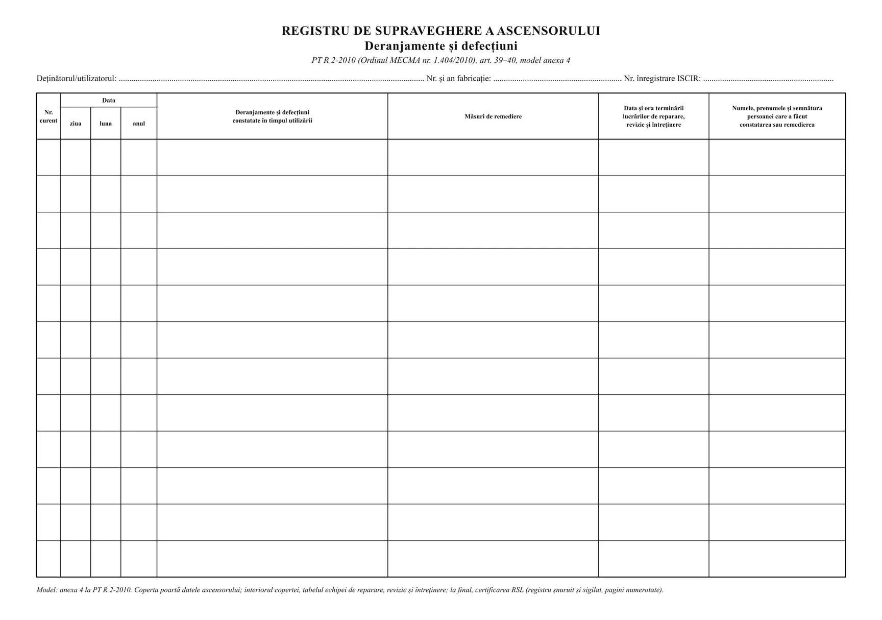 Registru de supraveghere a ascensorului