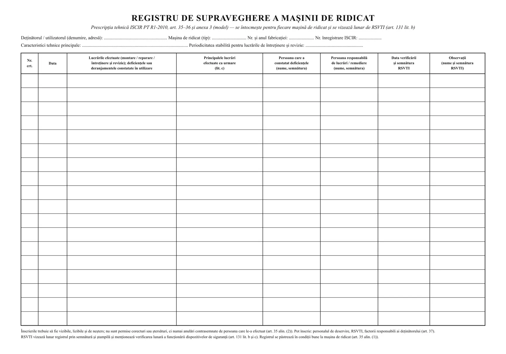 Registru de supraveghere a mașinii de ridicat