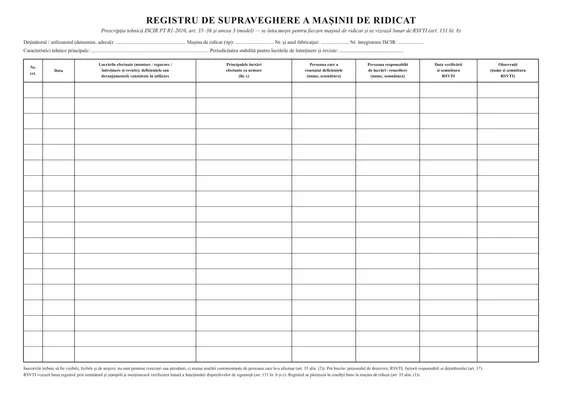 Registru de supraveghere a mașinii de ridicat