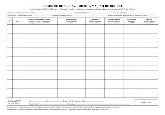 Registru de supraveghere a mașinii de ridicat