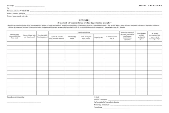 Registru de evidență a tratamentelor cu produse de protecția plantelor – model Anexa 2 (avizat OFJ) - față