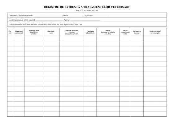 Registru de evidență a tratamentelor veterinare