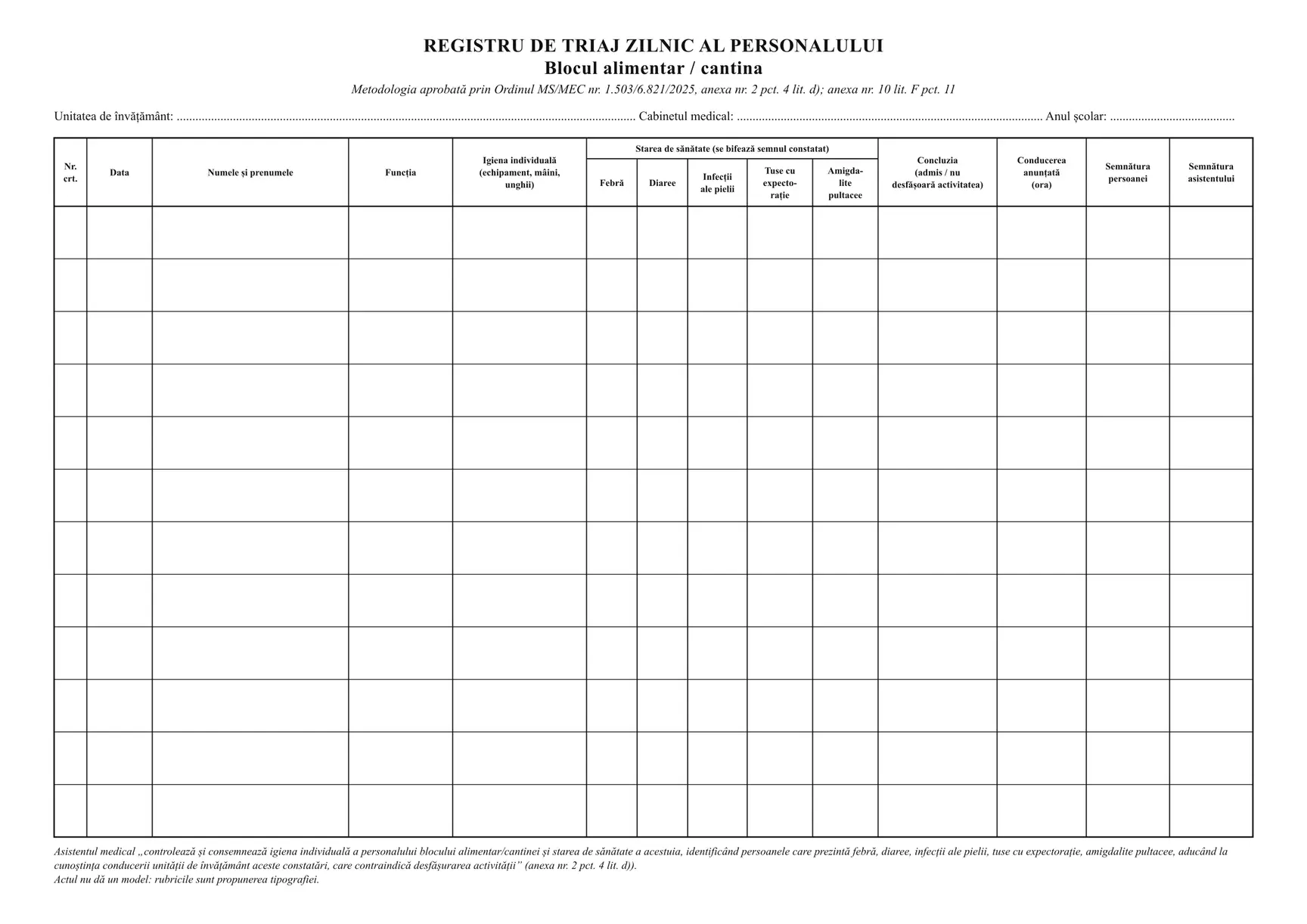 Registru de triaj zilnic al personalului