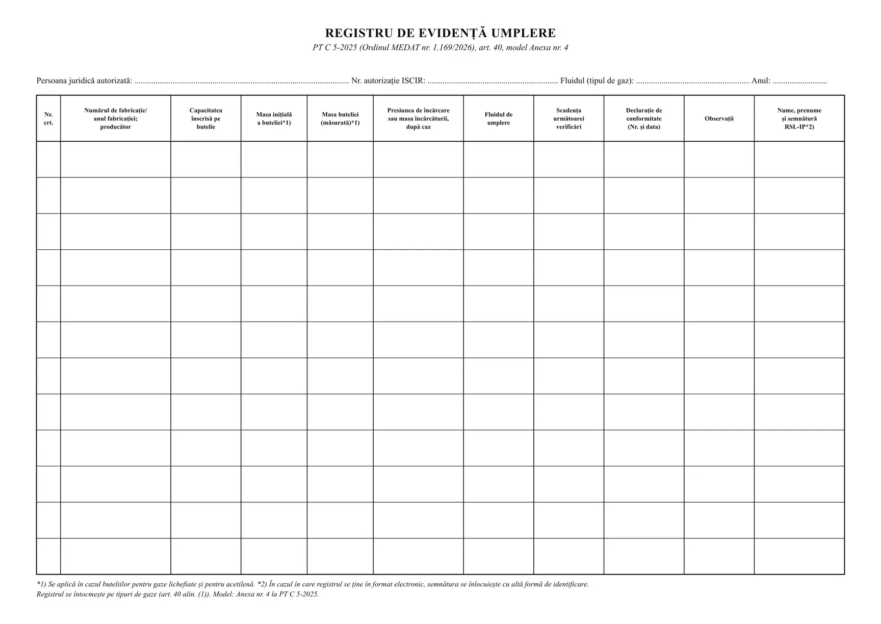 Registru de evidență a umplerii efectuate (butelii)