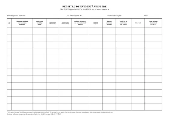 Registru de evidență a umplerii efectuate (butelii)