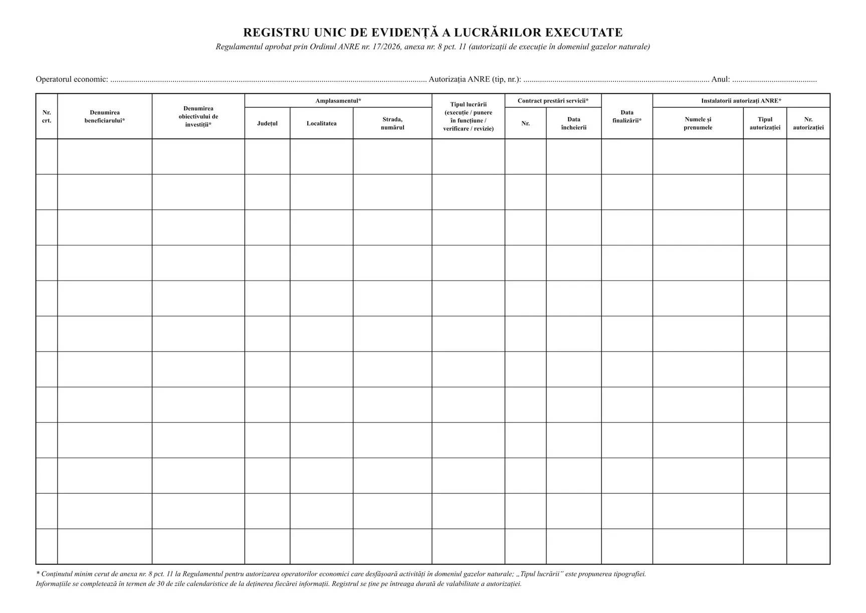 Registru unic de evidență a lucrărilor (firme autorizate ANRE în gaze)