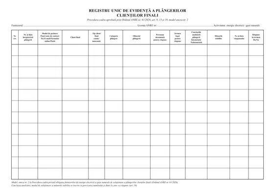 Registru unic de evidență a plângerilor clienților finali - față