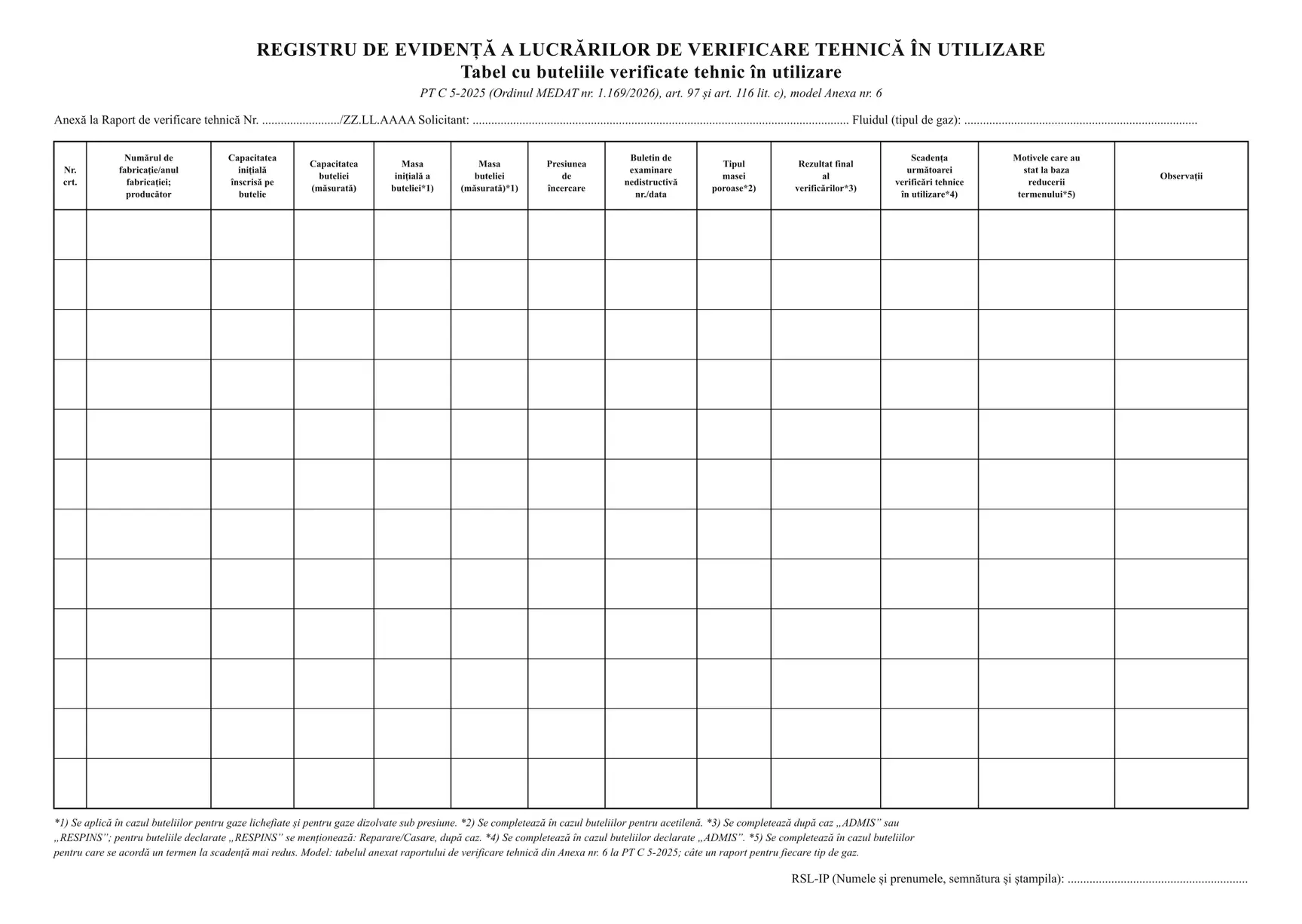 Registru de evidență a lucrărilor de verificare tehnică în utilizare (butelii)