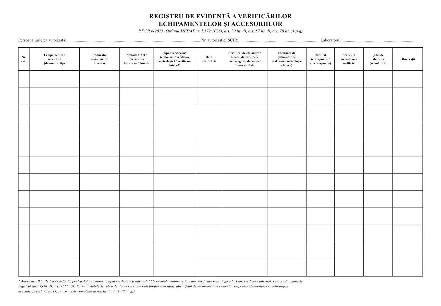 Registru de evidență a verificărilor echipamentelor și accesoriilor (laborator END)