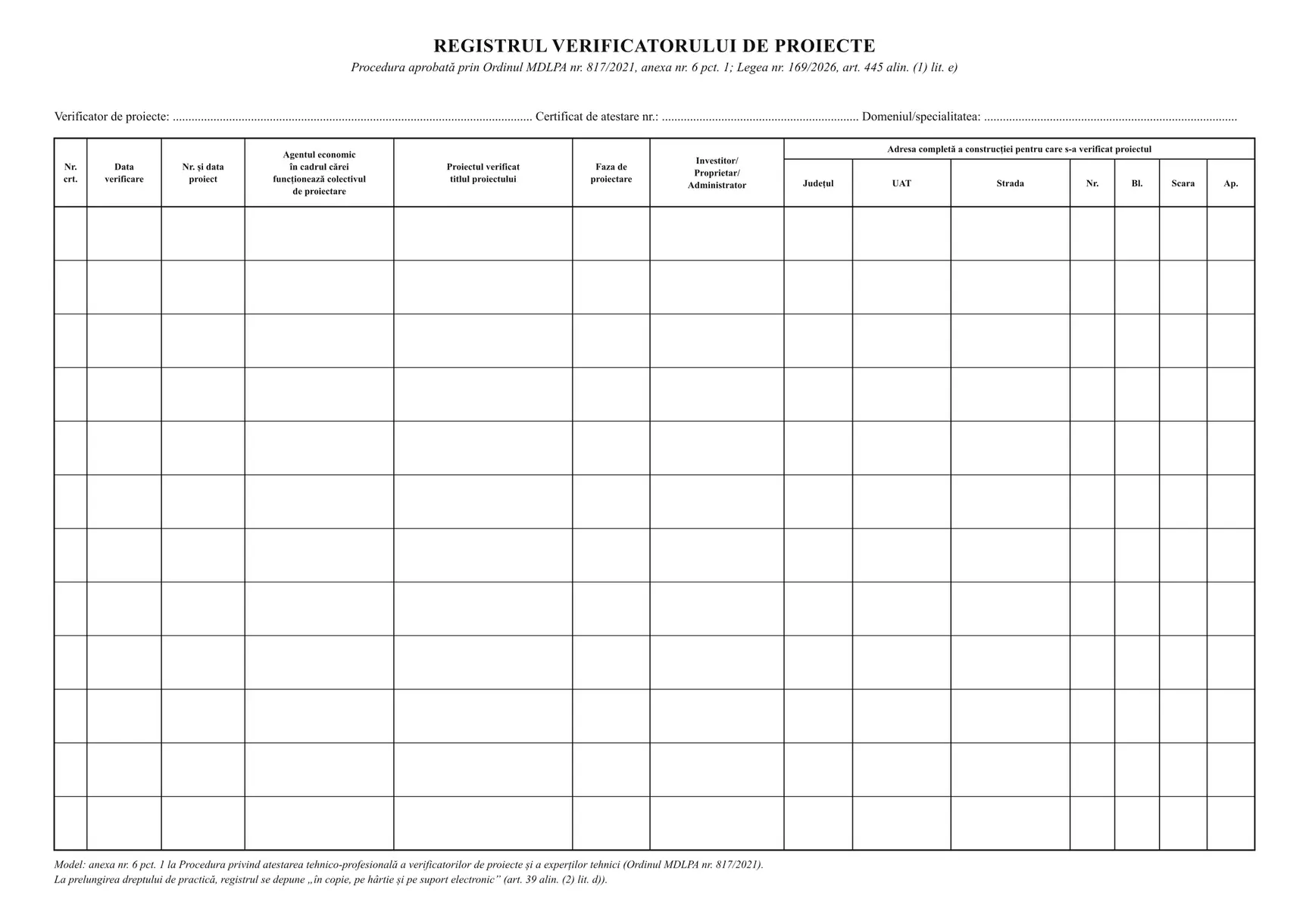 Registrul verificatorului de proiecte și al expertului tehnic