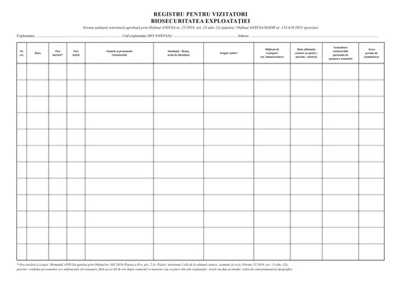 Registru pentru vizitatori la fermă (biosecuritate) - față