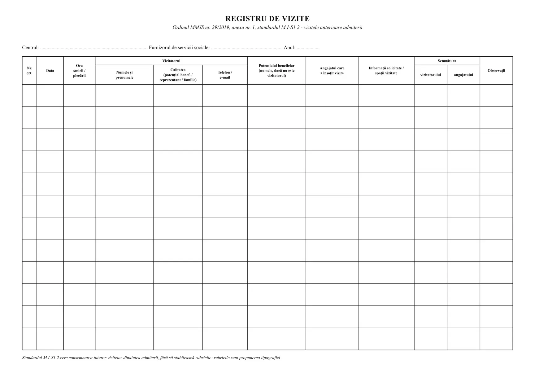 Registru de vizite (cămin pentru vârstnici)